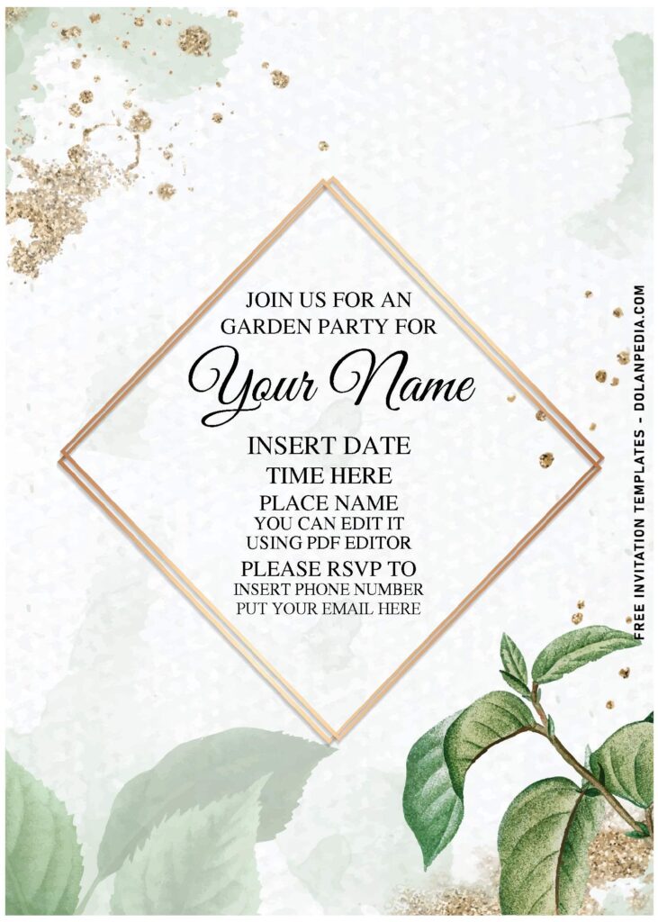 (Free Editable PDF) Letterpress Style Greenery & Gold Invitation Templates with sparkly gold glitters
