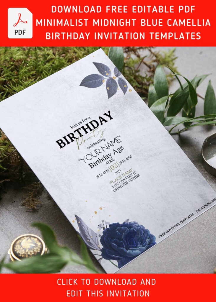 (Free Editable PDF) Something Blue Camellia & Hydrangea Floral Invitation Templates with blue leaf