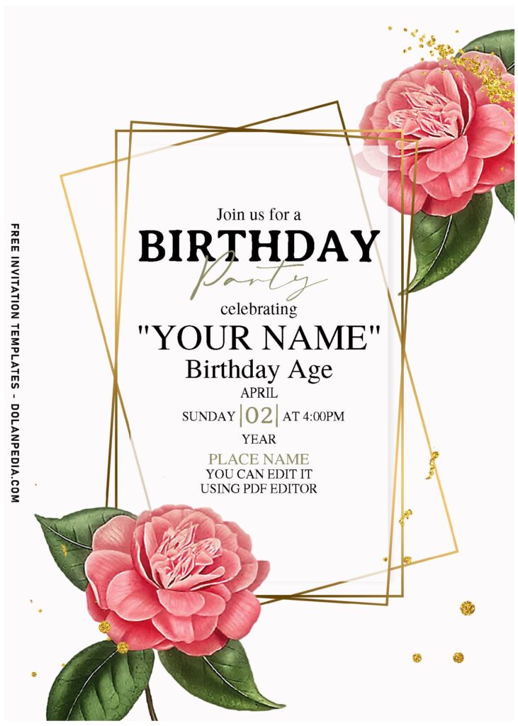 (Free Editable PDF) Celestial Pink Camellia Buds Birthday Invitation Templates with rustic white background
