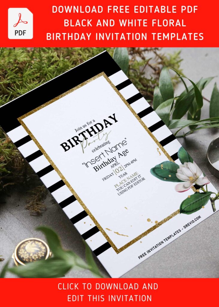 (Free Editable PDF) Modern Luxe Black And White Stripe Birthday Invitation Templates with beautiful floral decorations
