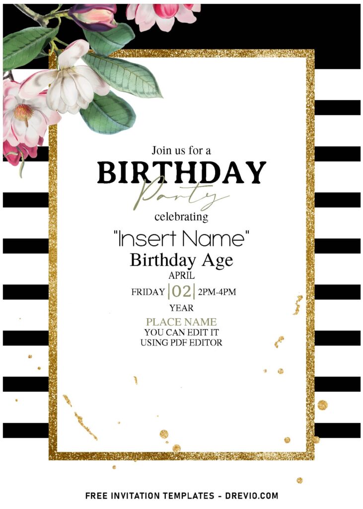 (Free Editable PDF) Modern Luxe Black And White Stripe Birthday Invitation Templates with gold frame
