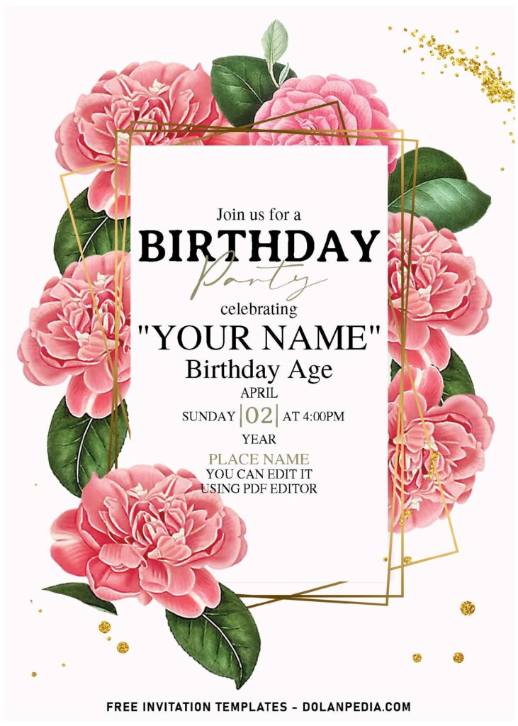(Free Editable PDF) Celestial Pink Camellia Buds Birthday Invitation Templates with elegant script