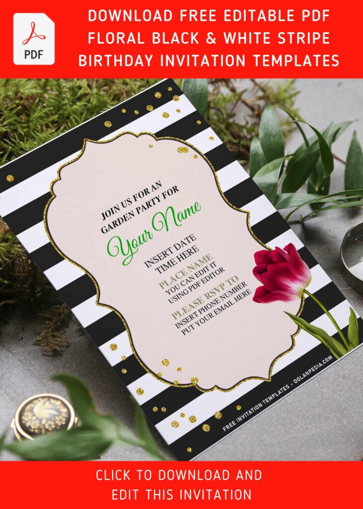 (Free Editable PDF) Floral Black And White Stripe Birthday Invitation Templates with black and white stripes