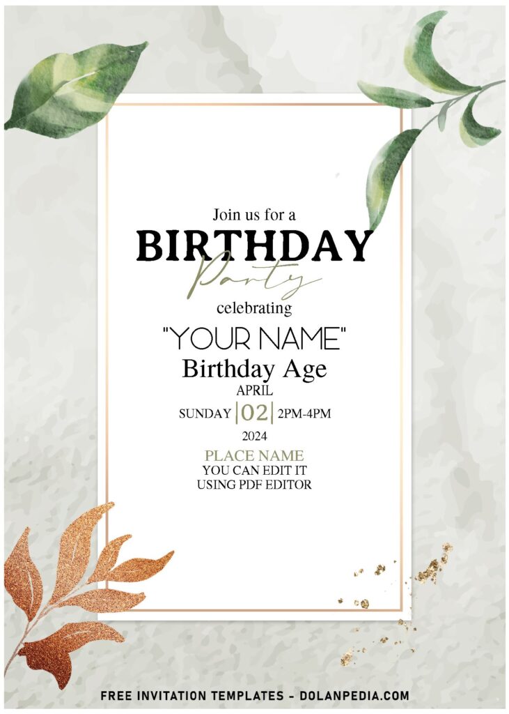 (Free Editable PDF) Sparkly Gold Rustic Greenery Birthday Invitation Templates with rustic background
