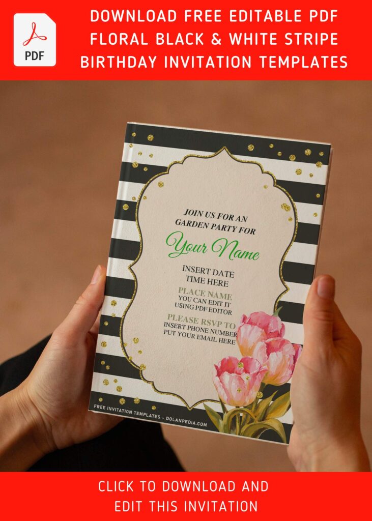 (Free Editable PDF) Floral Black And White Stripe Birthday Invitation Templates with elegant gold bracket frame