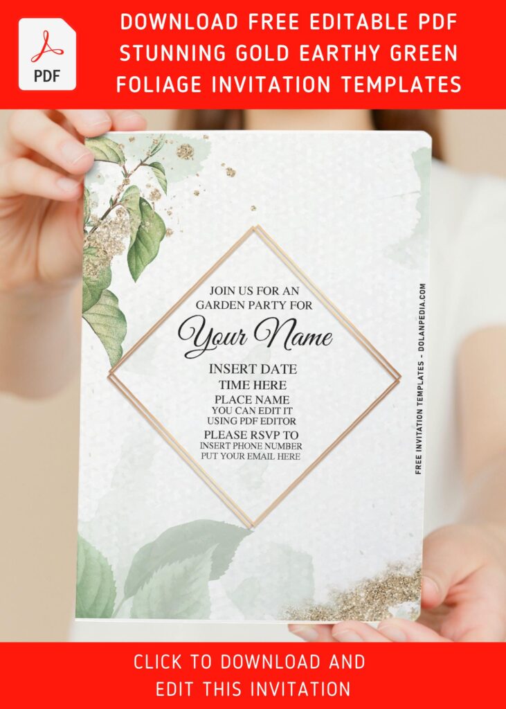 (Free Editable PDF) Letterpress Style Greenery & Gold Invitation Templates with editable text