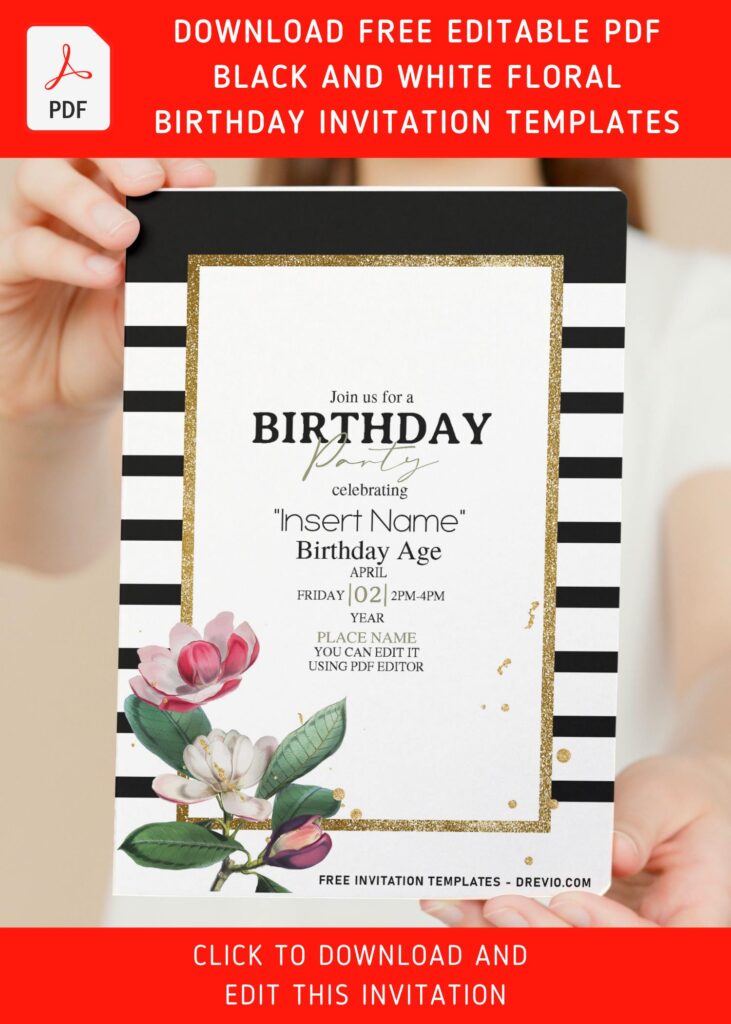 (Free Editable PDF) Modern Luxe Black And White Stripe Birthday Invitation Templates with editiable text