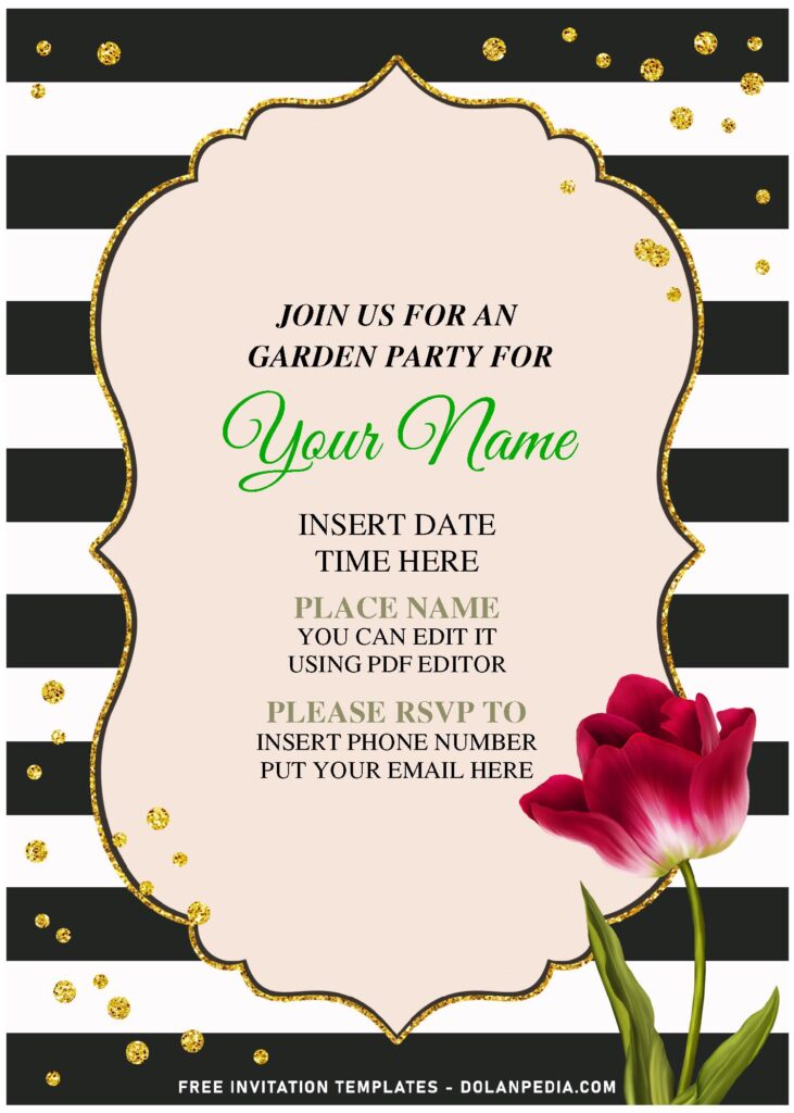 (Free Editable PDF) Floral Black And White Stripe Birthday Invitation Templates with sparkly gold glitters