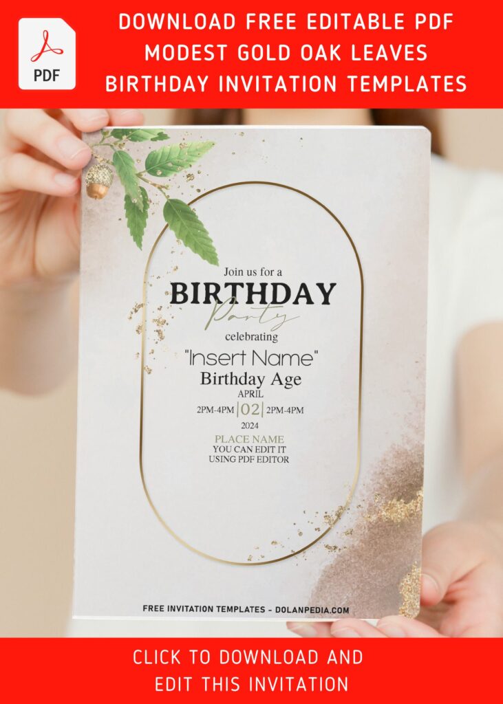 (Free Editable PDF) Sultry Gold & Greenery Apricot Birthday Invitation Templates with modern greenery leaves
