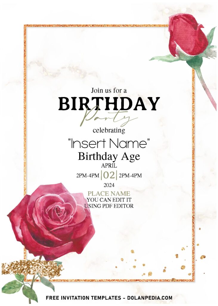 (Free Editable PDF) Spring Gold Rosebuds Birthday Invitation Templates with romantic watercolor rose