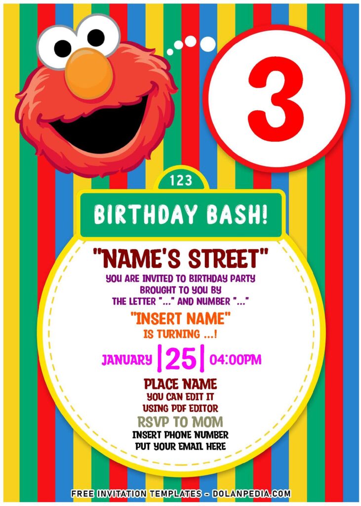 (Free Editable PDF) Perfect Everyday Sesame Street Birthday Invitation Templates with colorful stripes background