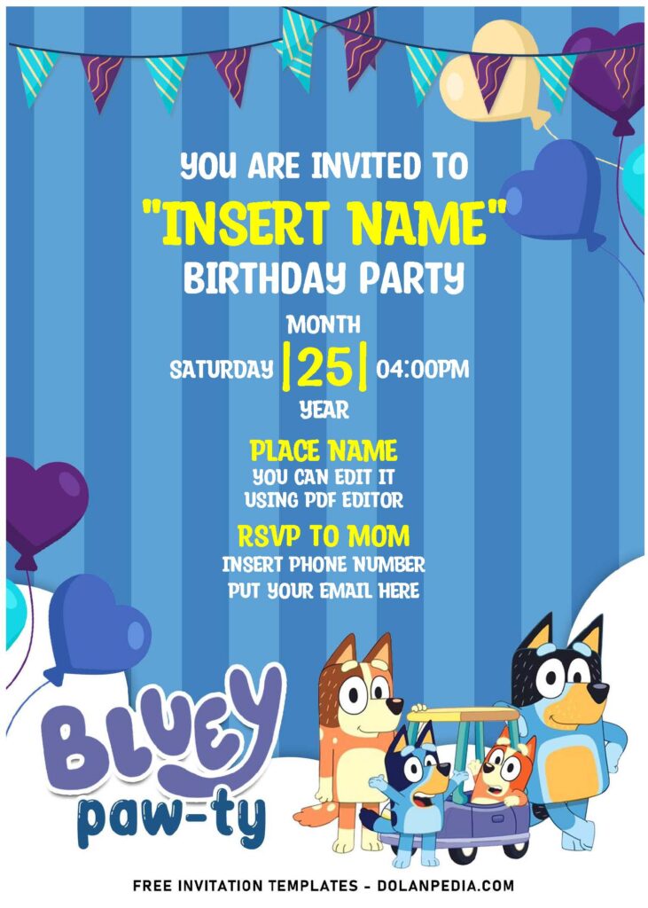 (Free Editable PDF) Seriously Cute Bluey Birthday Invitation Templates with colorful text