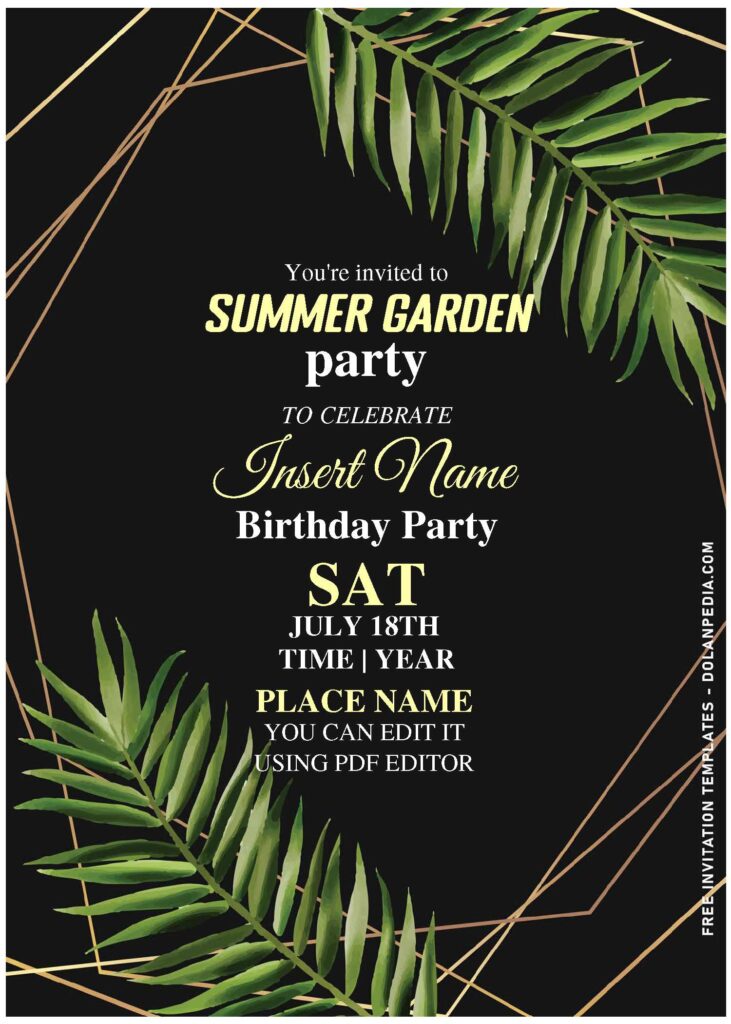 (Free Editable PDF) Classy Botanical Inspired Greenery Party Invitation Templates with gold geometric pattern