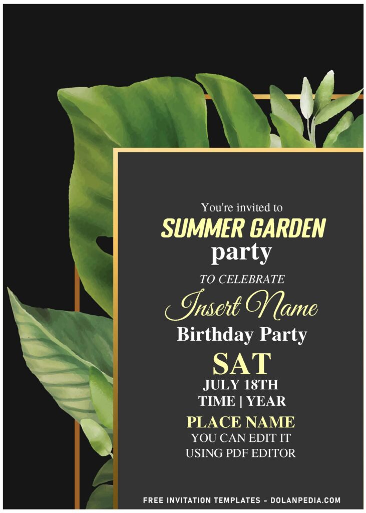 (Free Editable PDF) Classy Botanical Inspired Greenery Party Invitation Templates with dark grey background
