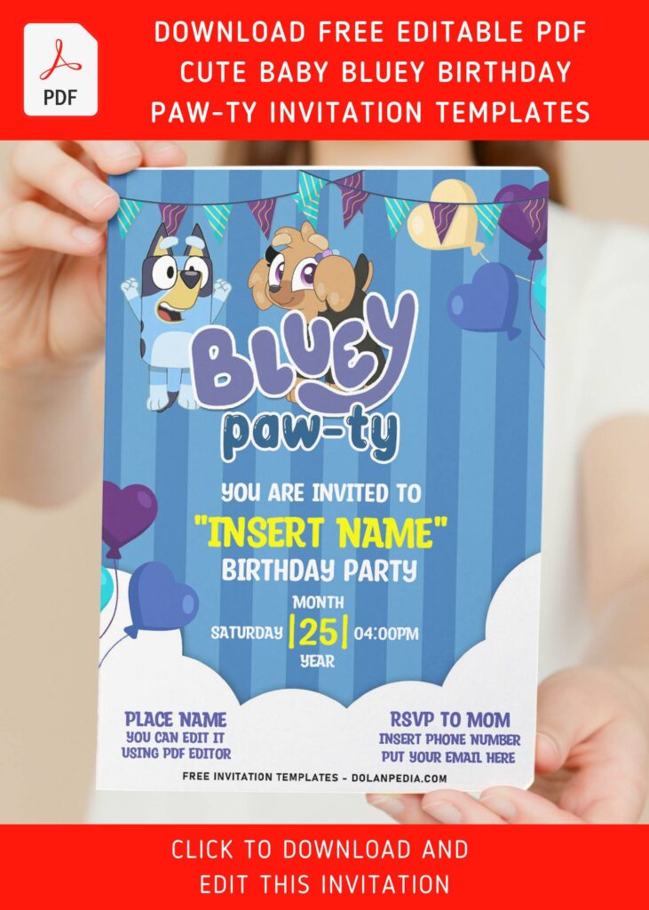 (Free Editable PDF) Seriously Cute Bluey Birthday Invitation Templates with colorful balloons
