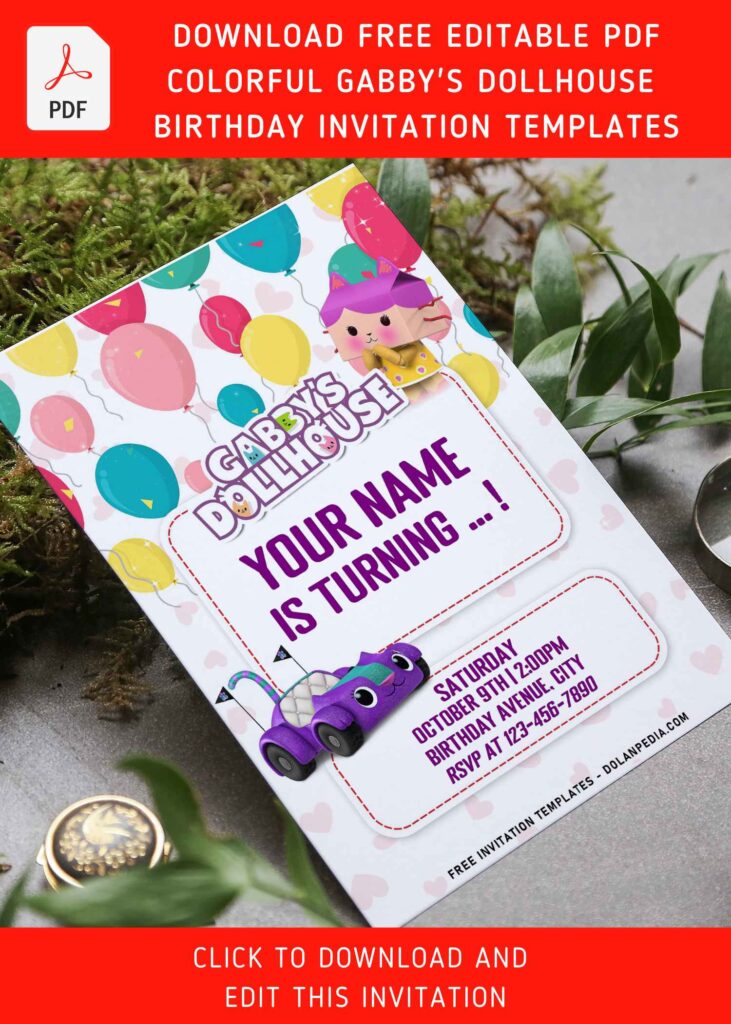 (Free Editable PDF) Cheeky Colorful Gabby's Dollhouse Birthday Invitation Templates with cute wording