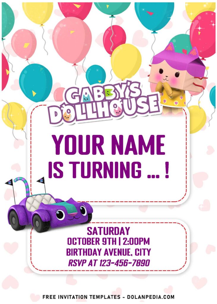 (Free Editable PDF) Cheeky Colorful Gabby's Dollhouse Birthday Invitation Templates with cute sport car