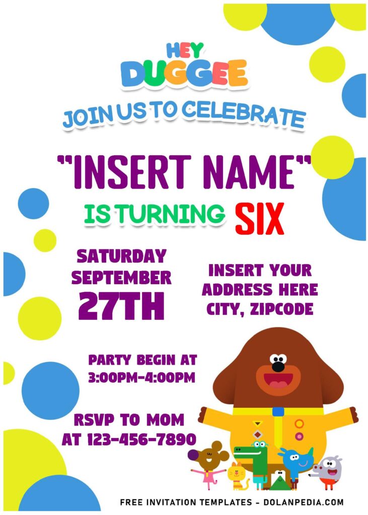 (Free Editable PDF) Cheerful Hey Duggee Birthday Invitation Templates For Preschooler with colorful dots
