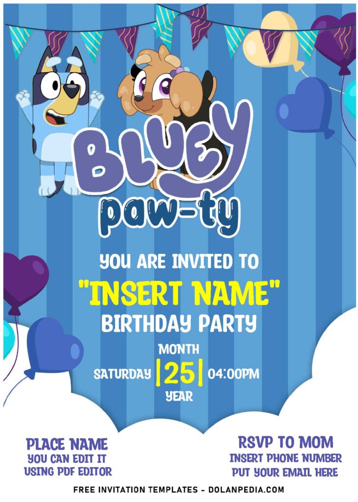 (Free Editable PDF) Seriously Cute Bluey Birthday Invitation Templates with cute stripe background