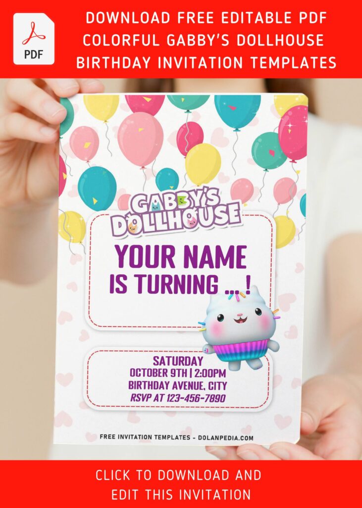 (Free Editable PDF) Cheeky Colorful Gabby's Dollhouse Birthday Invitation Templates with bubbly kitten