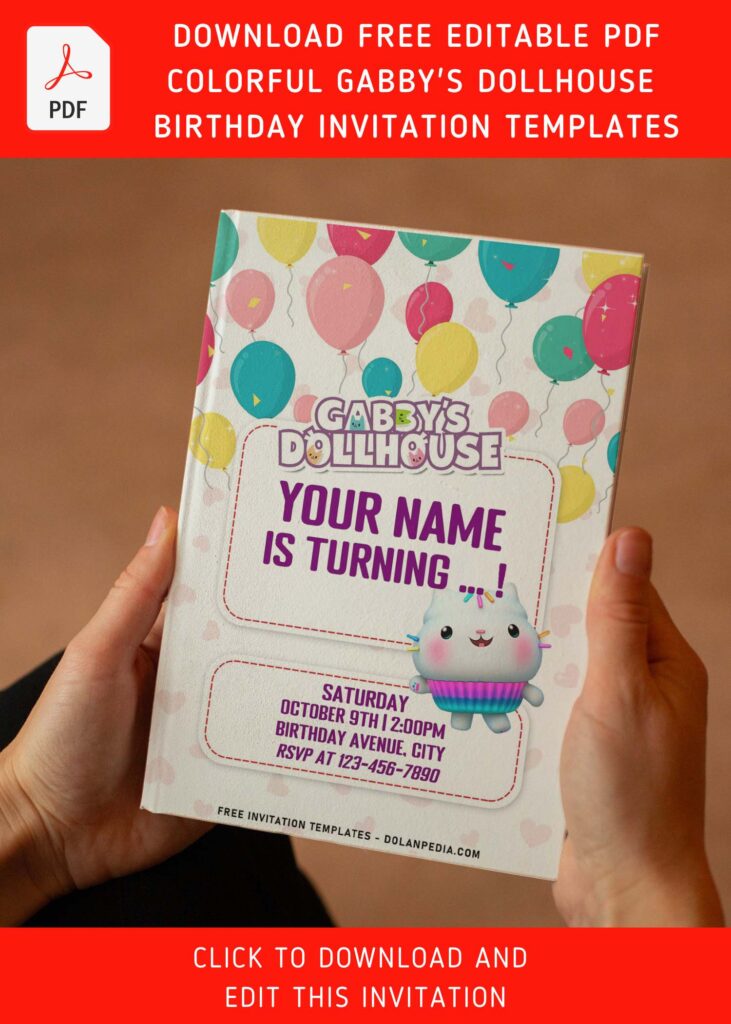 (Free Editable PDF) Cheeky Colorful Gabby's Dollhouse Birthday Invitation Templates with colorful balloons