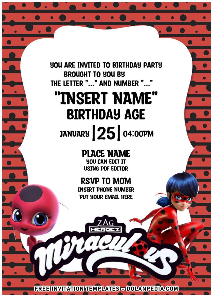 (Free Editable PDF) Lovable Miraculous Ladybug And Cat Noir Birthday Invitation Templates with polka dot background