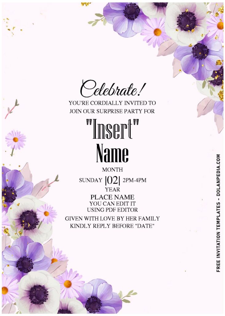 (Free Editable PDF) Brightly Colored Blooms Birthday Invitation Templates with blueish background