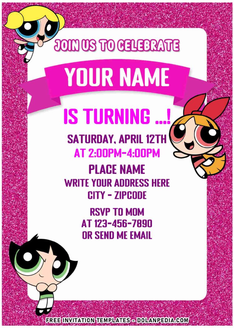 (Free Editable PDF) Pink Glitter Powerpuff Girls Birthday Invitation ...