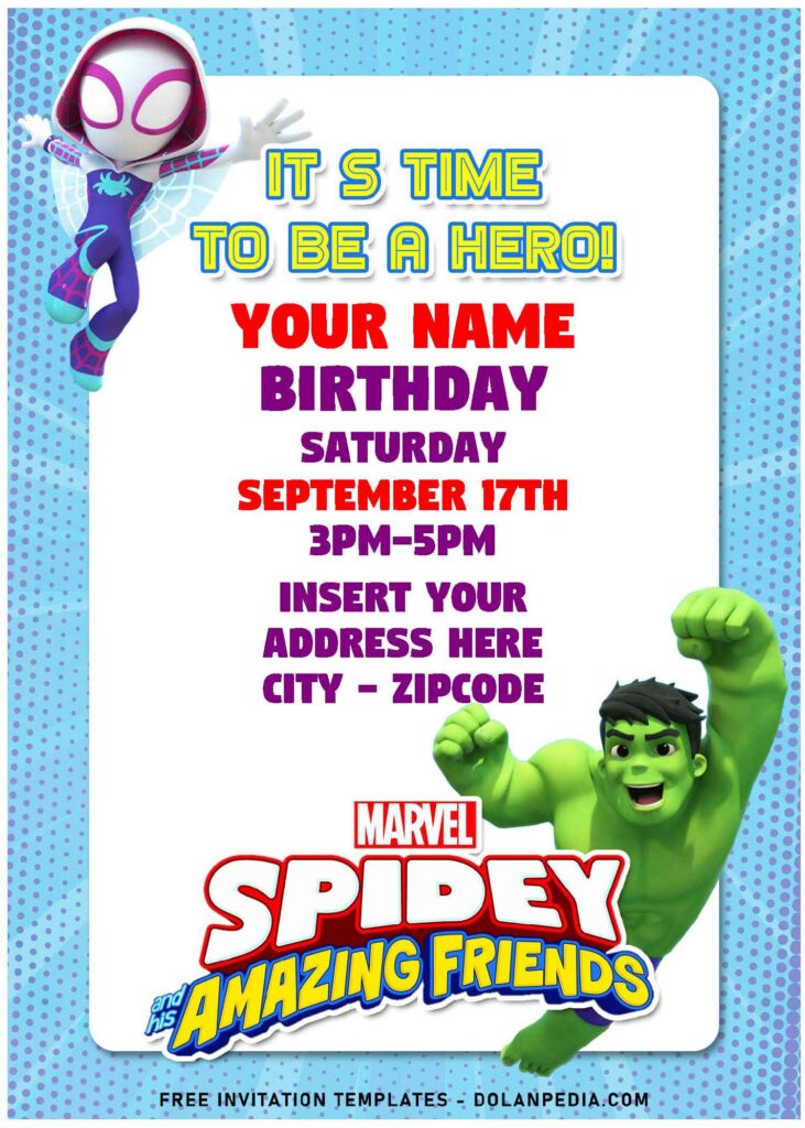 (Free Editable PDF) Go Web Go Spidey & His Amazing Friends Birthday Invitation Templates with hulk