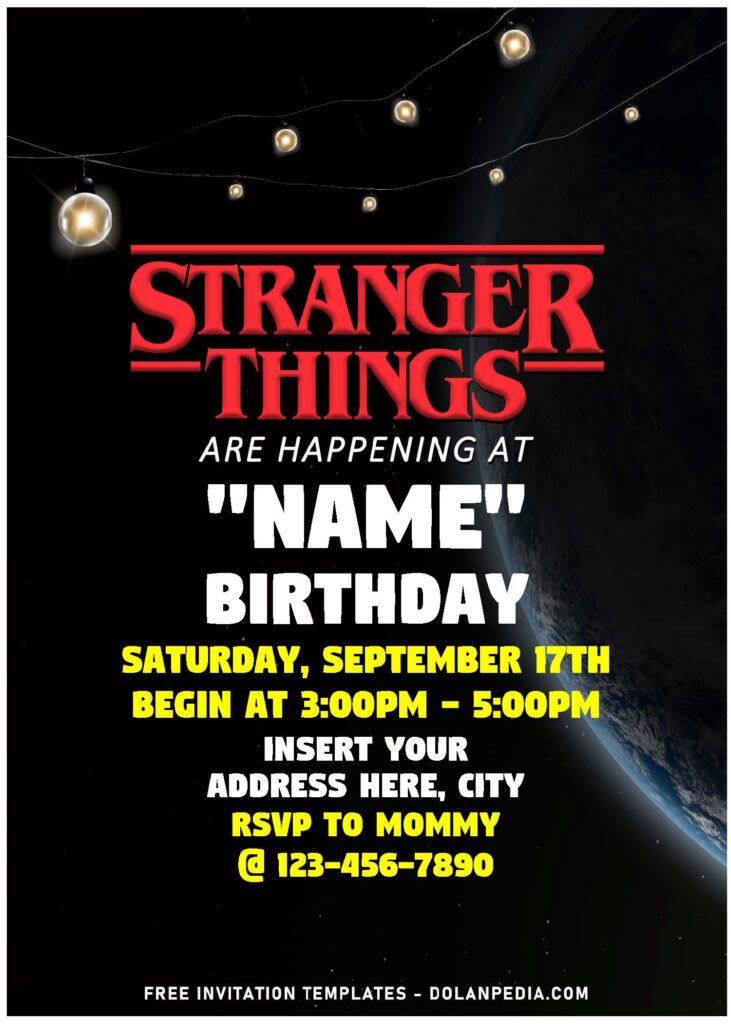(Free Editable PDF) Party Like Eleven Stranger Things Themed Birthday Invitation Templates with creepy giant moon background