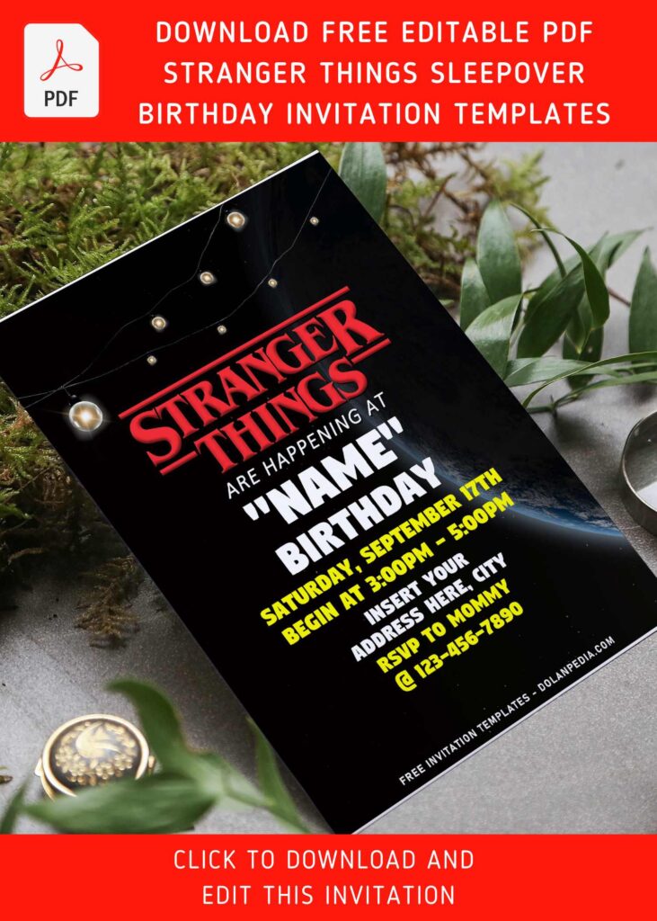 (Free Editable PDF) Party Like Eleven Stranger Things Themed Birthday Invitation Templates with vintage string lights