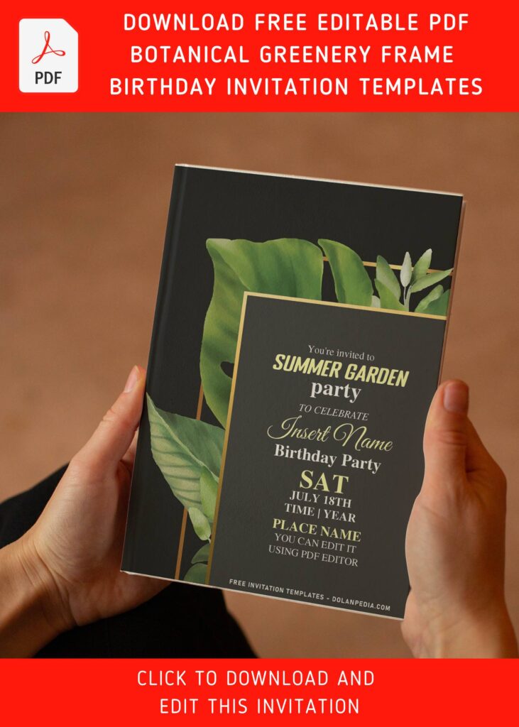 (Free Editable PDF) Classy Botanical Inspired Greenery Party Invitation Templates with palm leaves
