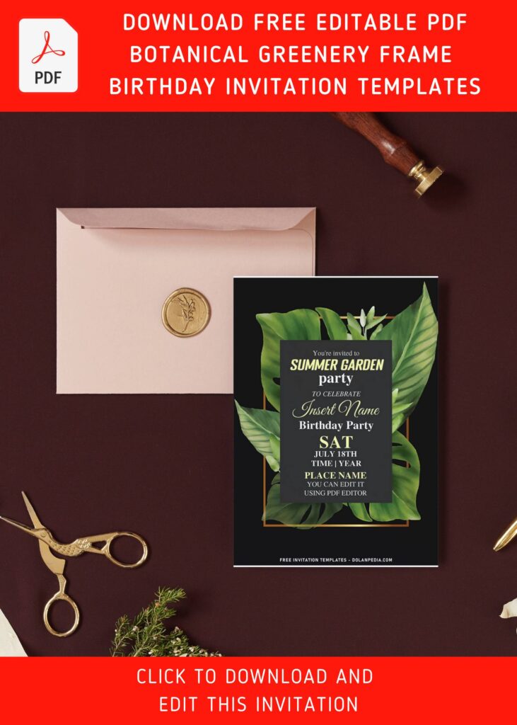 (Free Editable PDF) Classy Botanical Inspired Greenery Party Invitation Templates with banana leaves