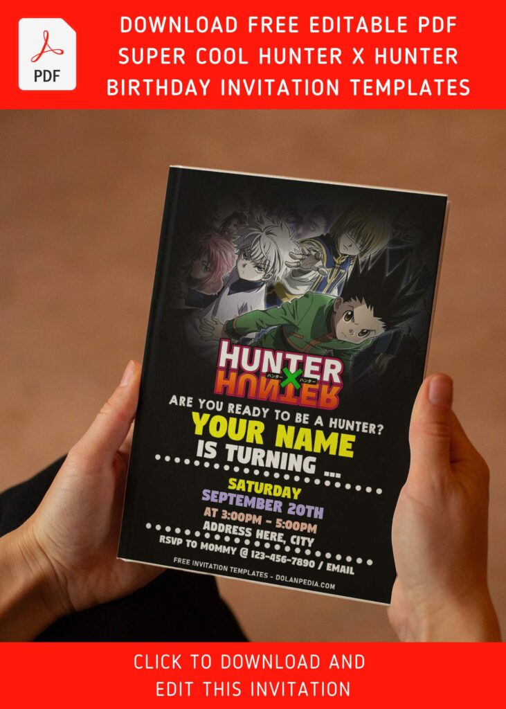 (Free Editable PDF) Beyond Epic Hunter X Hunter Birthday Invitation Templates with Hunter X Hunter logo