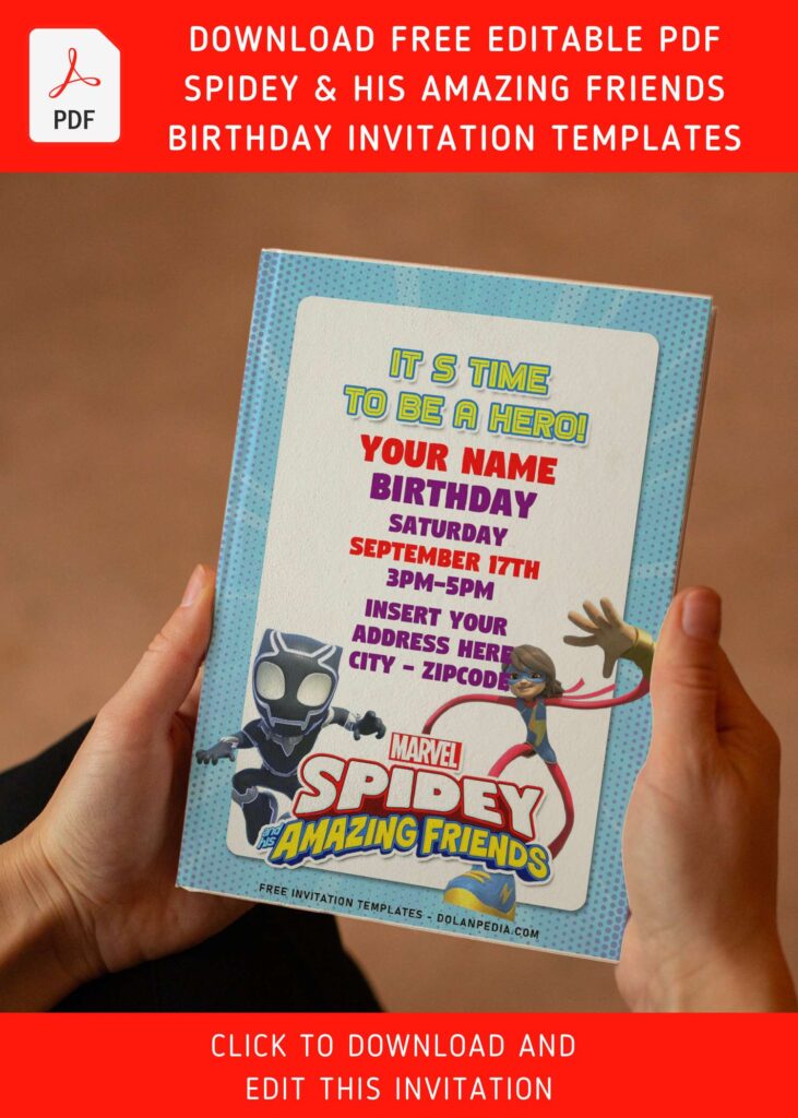 (Free Editable PDF) Go Web Go Spidey & His Amazing Friends Birthday Invitation Templates with adorable Miss Marvel