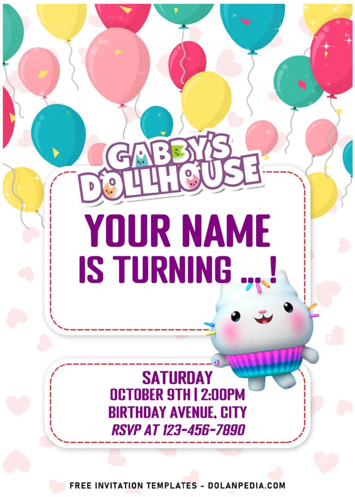 (Free Editable PDF) Cheeky Colorful Gabby's Dollhouse Birthday Invitation Templates with colorful balloons