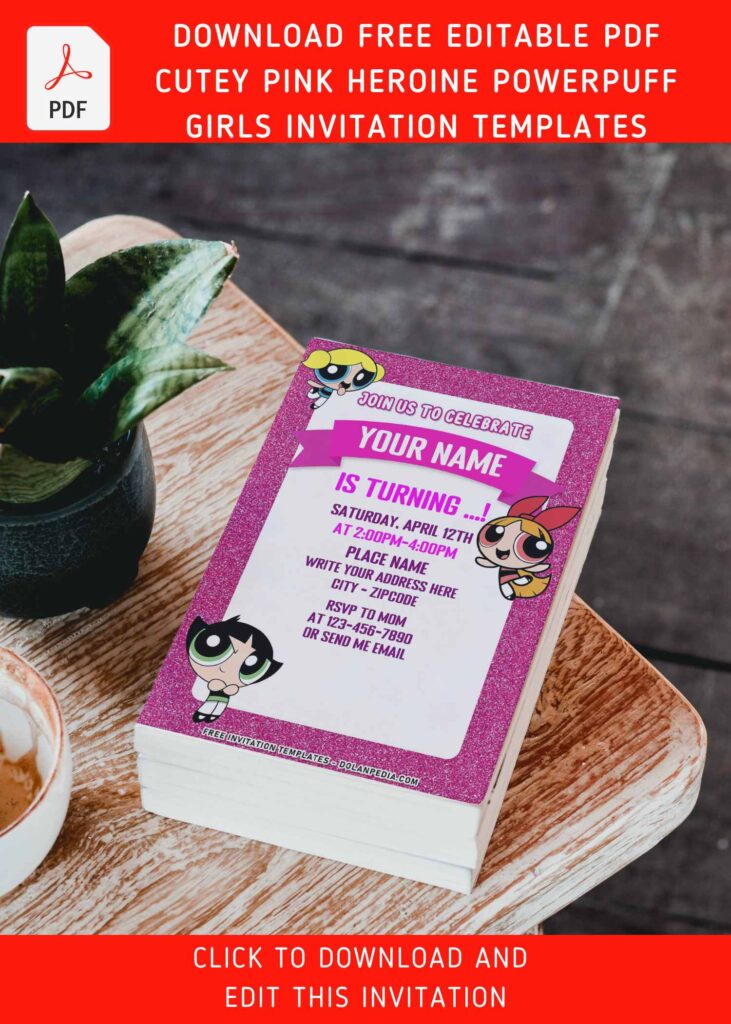 (Free Editable PDF) Pink Glitter Powerpuff Girls Birthday Invitation Templates with cute blossom