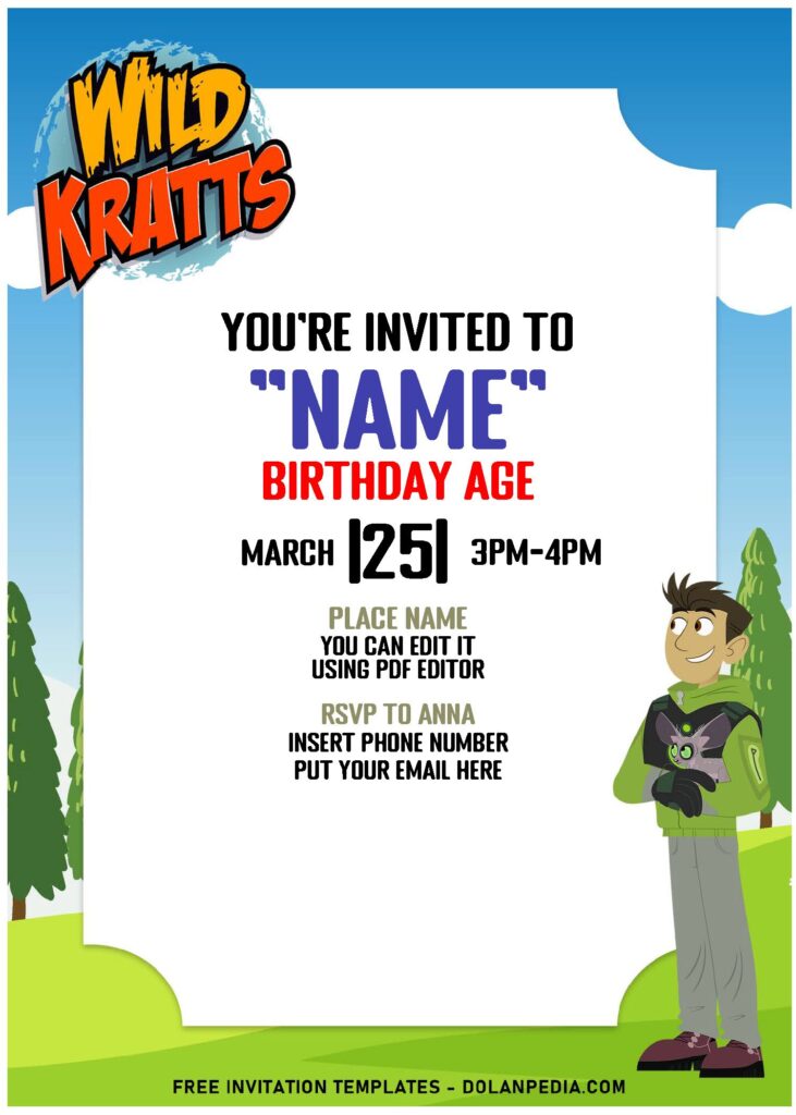 (Free Editable PDF) Cartoon Wild Kratts Themed Birthday Invitation Templates with green park background