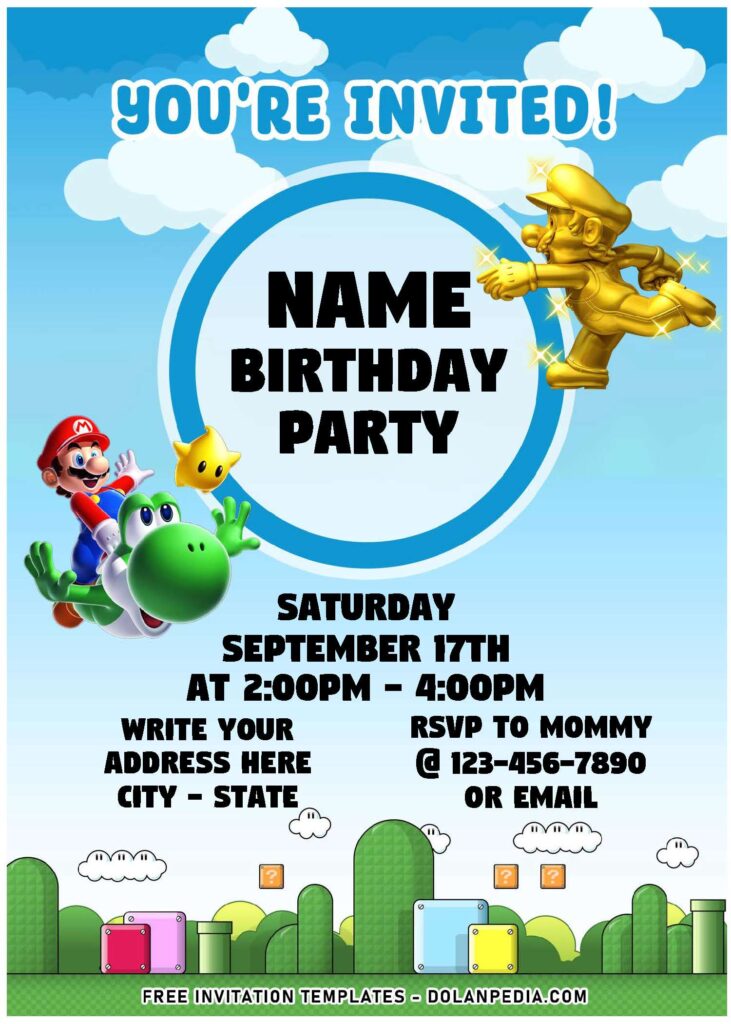 (Free Editable PDF) Super Birthday Bash Mario Bros Invitation Templates with Golden Mario