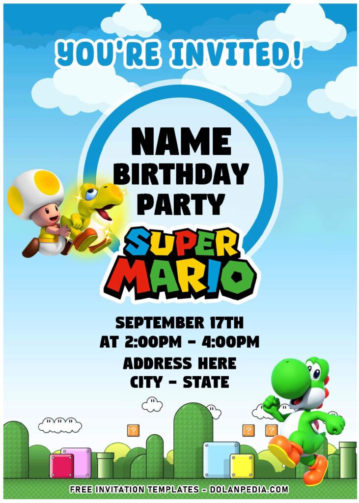 (Free Editable PDF) Super Birthday Bash Mario Bros Invitation Templates with flying yoshi and toad