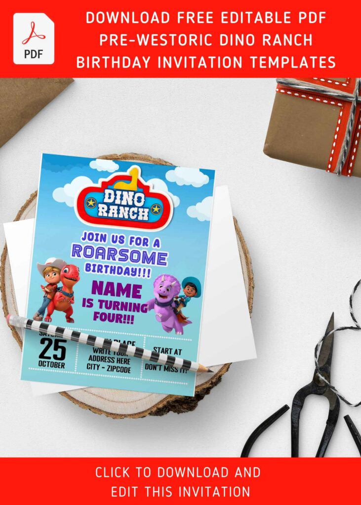 (Free Editable PDF) Disney Junior Pre-Westoric Dino Ranch Birthday Invitation Templates with cute Tango and Blitz