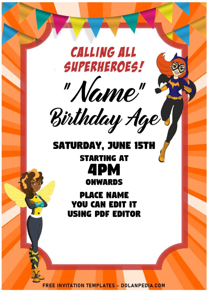 (Free Editable PDF) Festive DC League Superhero Girls Themed Birthday Invitation Templates with colorful bunting flags