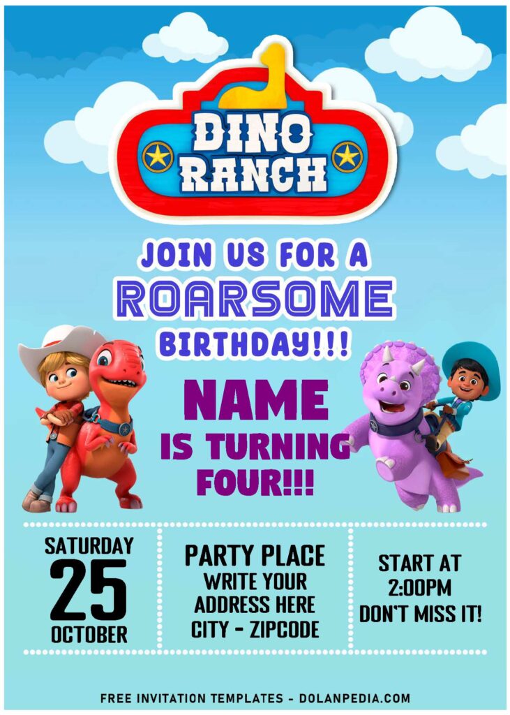 (Free Editable PDF) Disney Junior Pre-Westoric Dino Ranch Birthday Invitation Templates with Miguel And Tango