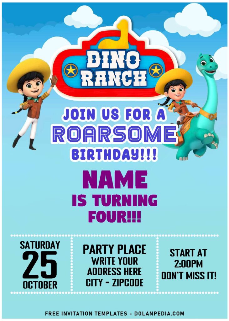 (Free Editable PDF) Disney Junior Pre-Westoric Dino Ranch Birthday Invitation Templates with Clover