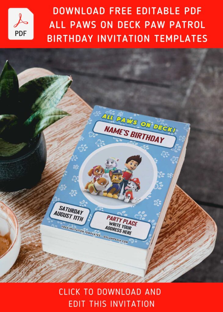 (Free Editable PDF) All Paws On Deck Paw Patrol PAW-TY Invitation Templates with editable text