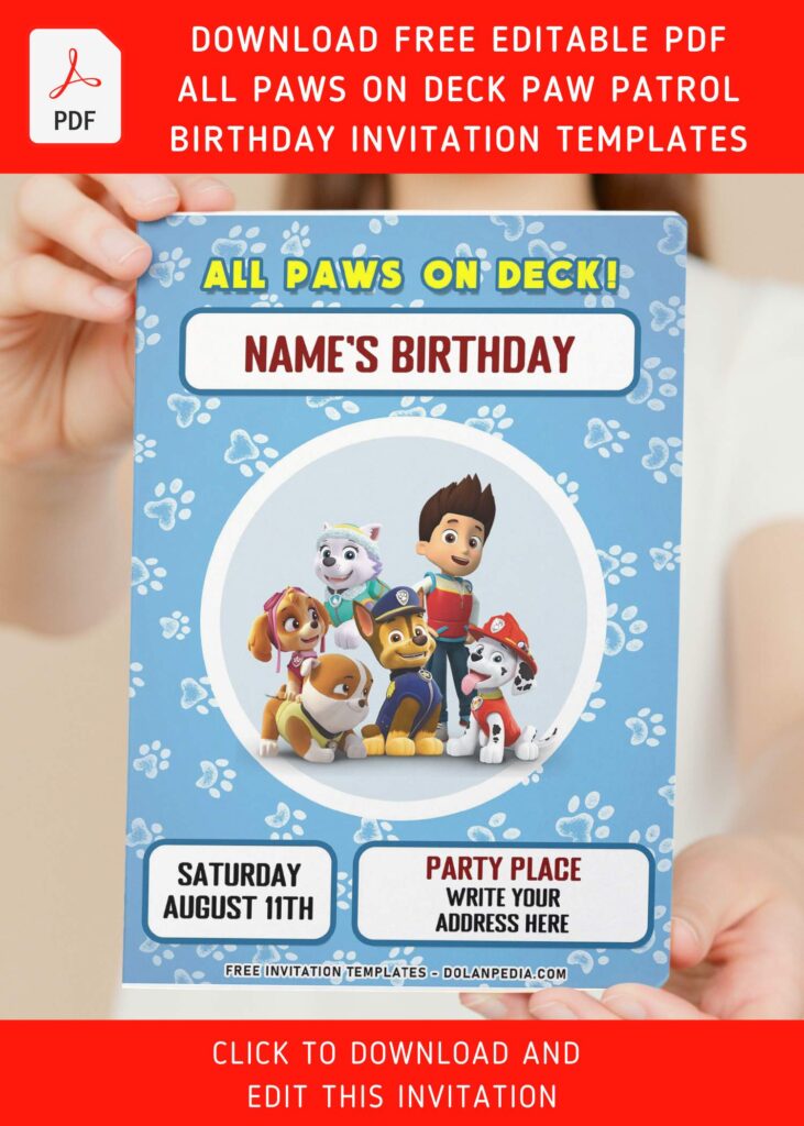 (Free Editable PDF) All Paws On Deck Paw Patrol PAW-TY Invitation Templates with colorful text