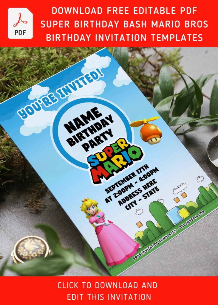(Free Editable PDF) Super Birthday Bash Mario Bros Invitation Templates with Mario World background