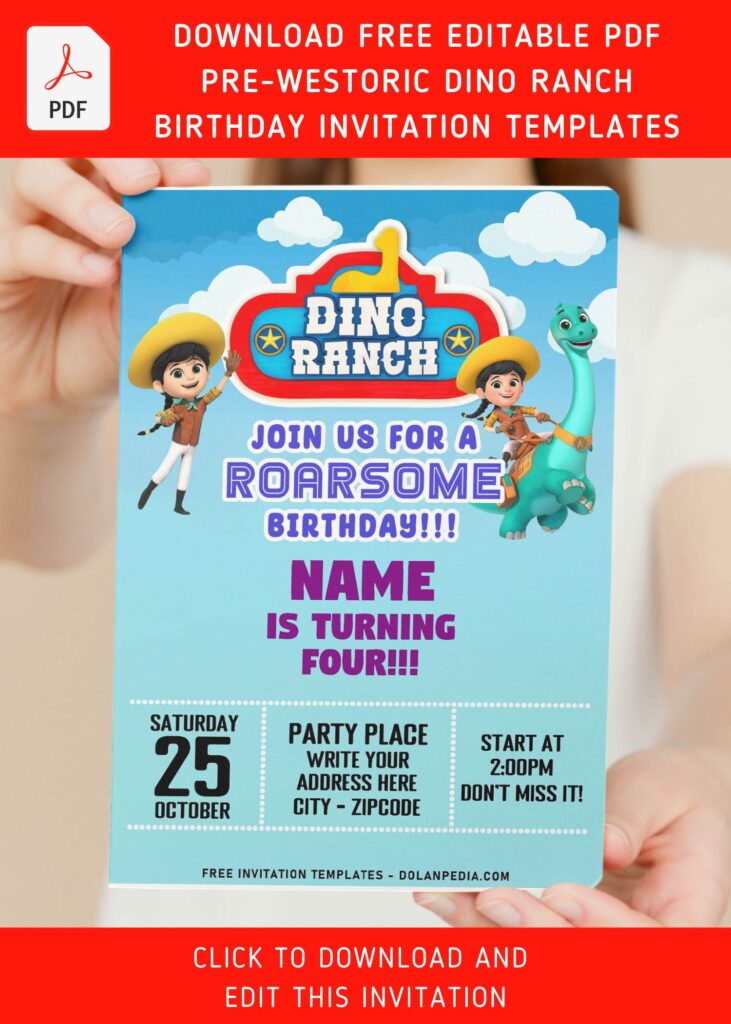 (Free Editable PDF) Disney Junior Pre-Westoric Dino Ranch Birthday Invitation Templates with Jane and Clover the dinosaur