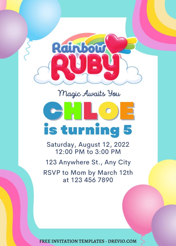 10+ Sunshine Rainbow Ruby Canva Birthday Invitation Templates with pastel pink background