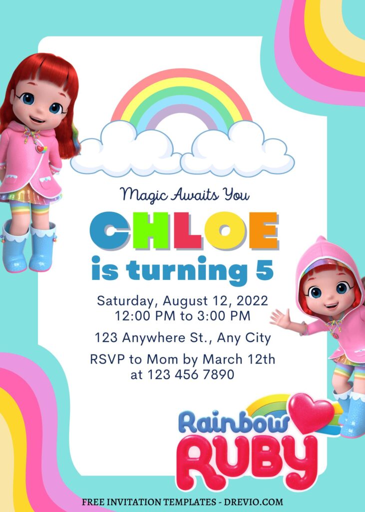 10+ Sunshine Rainbow Ruby Canva Birthday Invitation Templates with fluffy clouds
